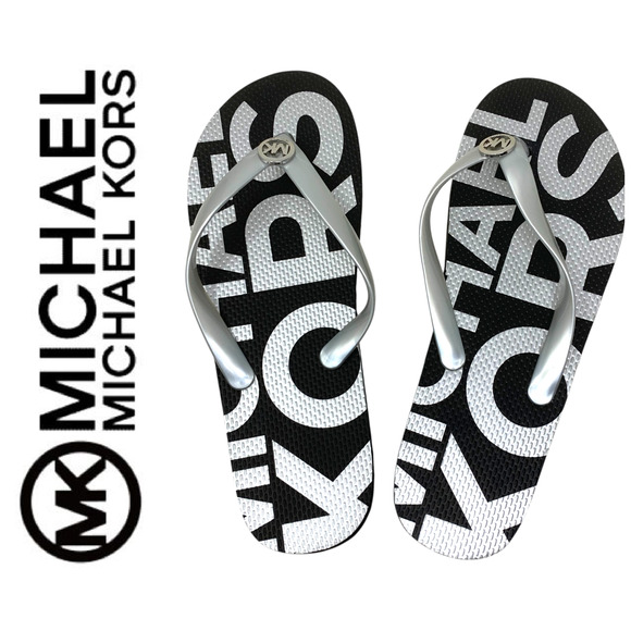 NEW Michael Kors Jet Set Sz 11 Black/Silver Logo PVC Flip Flops Thong Sandals - Picture 1 of 6